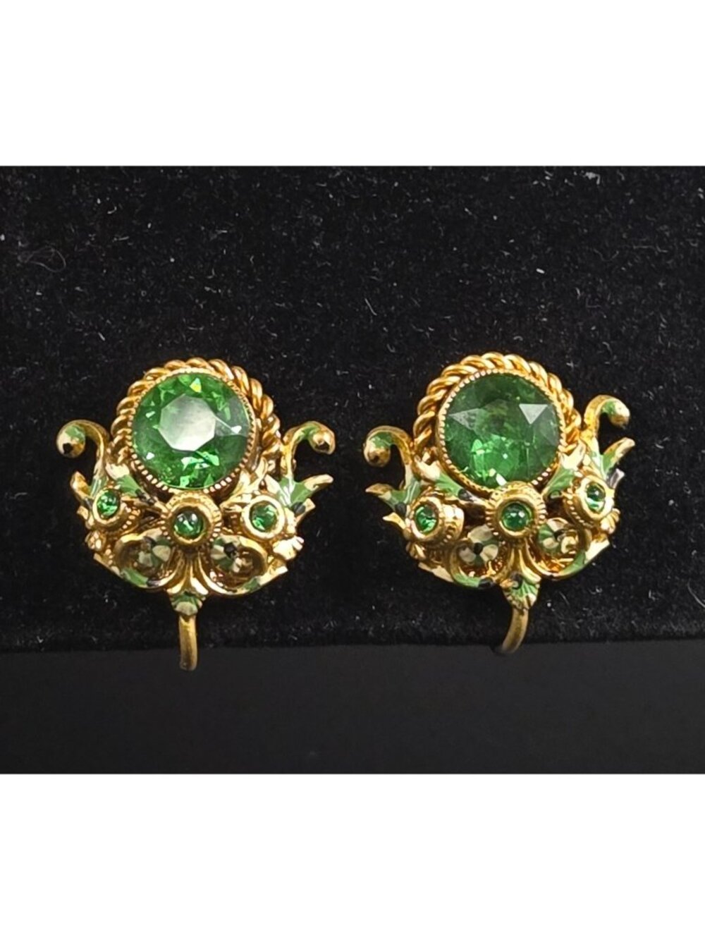 Vintage Czech Gold Tone Screw Back Earrings With Green Rhinestones